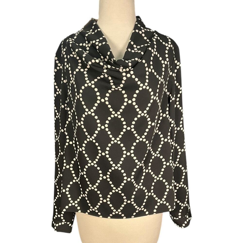 ZARA Black White Polka Dot Blouse Cowl Neck Long Sleeve Size L Modern Chic
